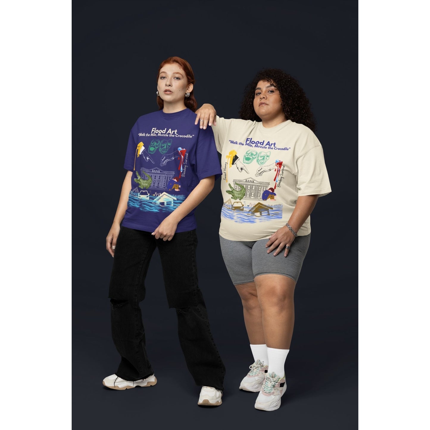 Boxy Fit Unisex Tee | Flood Art Inspired Design T-shirt |"Walk the Mile, Muzzle the Crocodile"