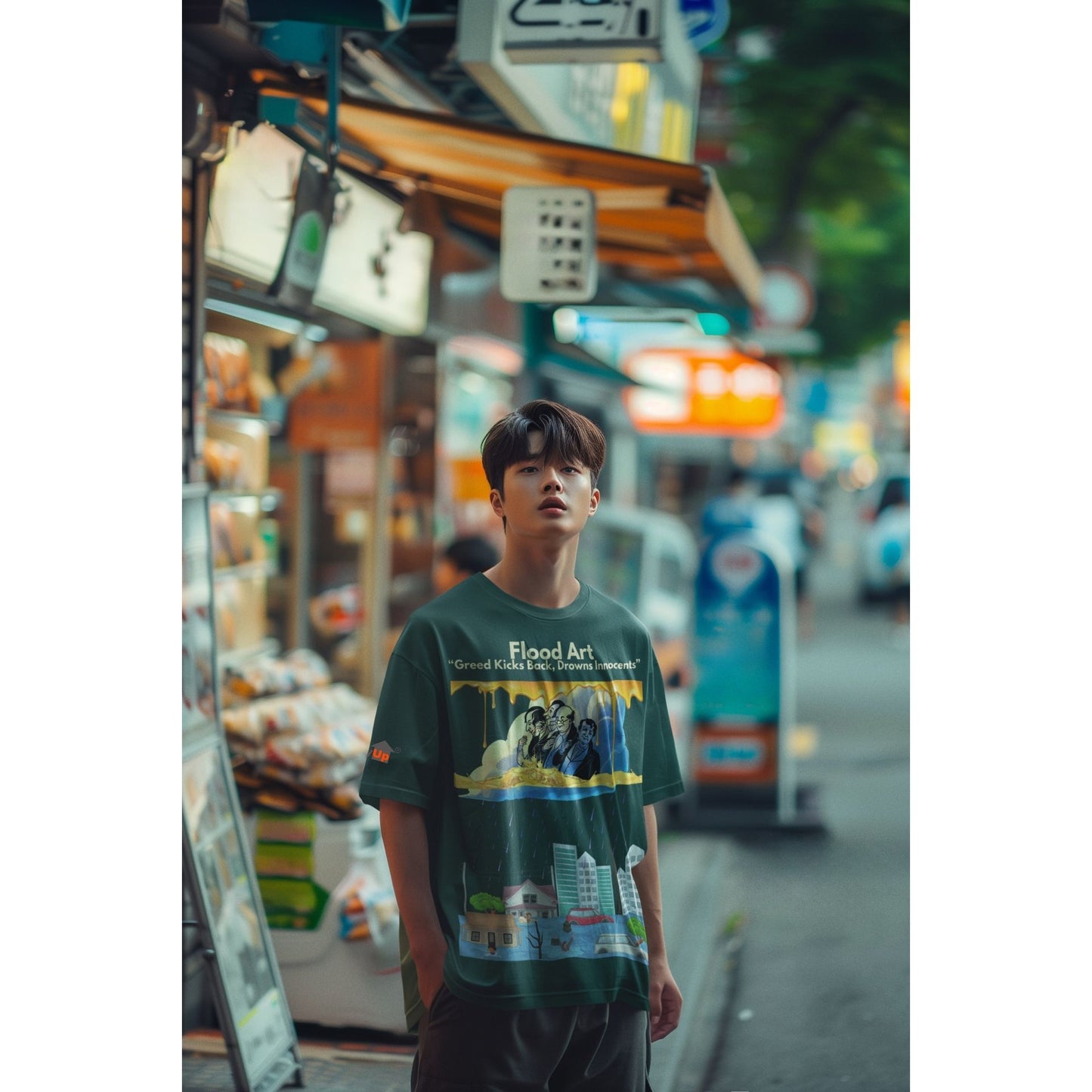 Boxy Fit Unisex Tee  | Flood Art Inspired Design T-shirt | "Greed Kicks Back, Drowns Innocents"