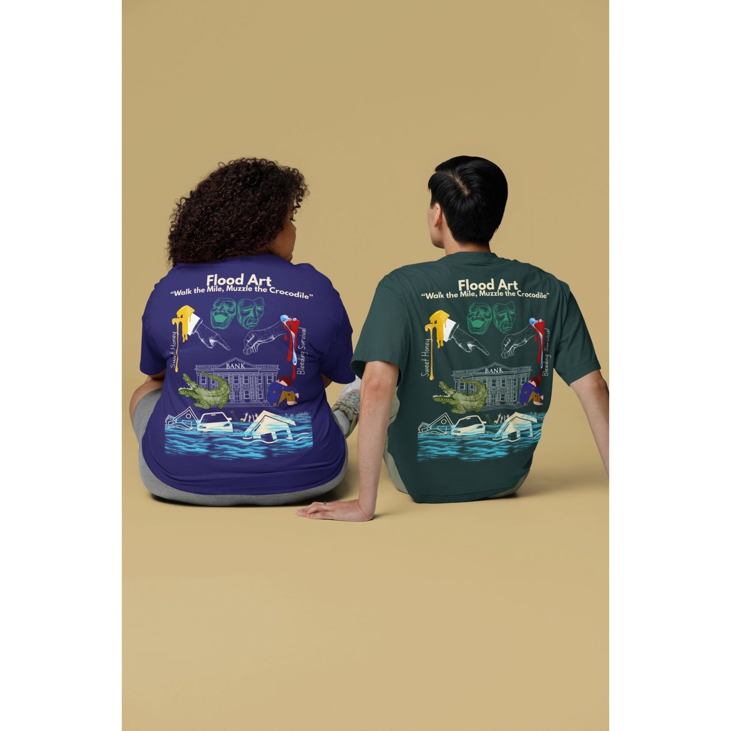Boxy Fit Unisex Tee | Flood Art Inspired Design T-shirt |"Walk the Mile, Muzzle the Crocodile"