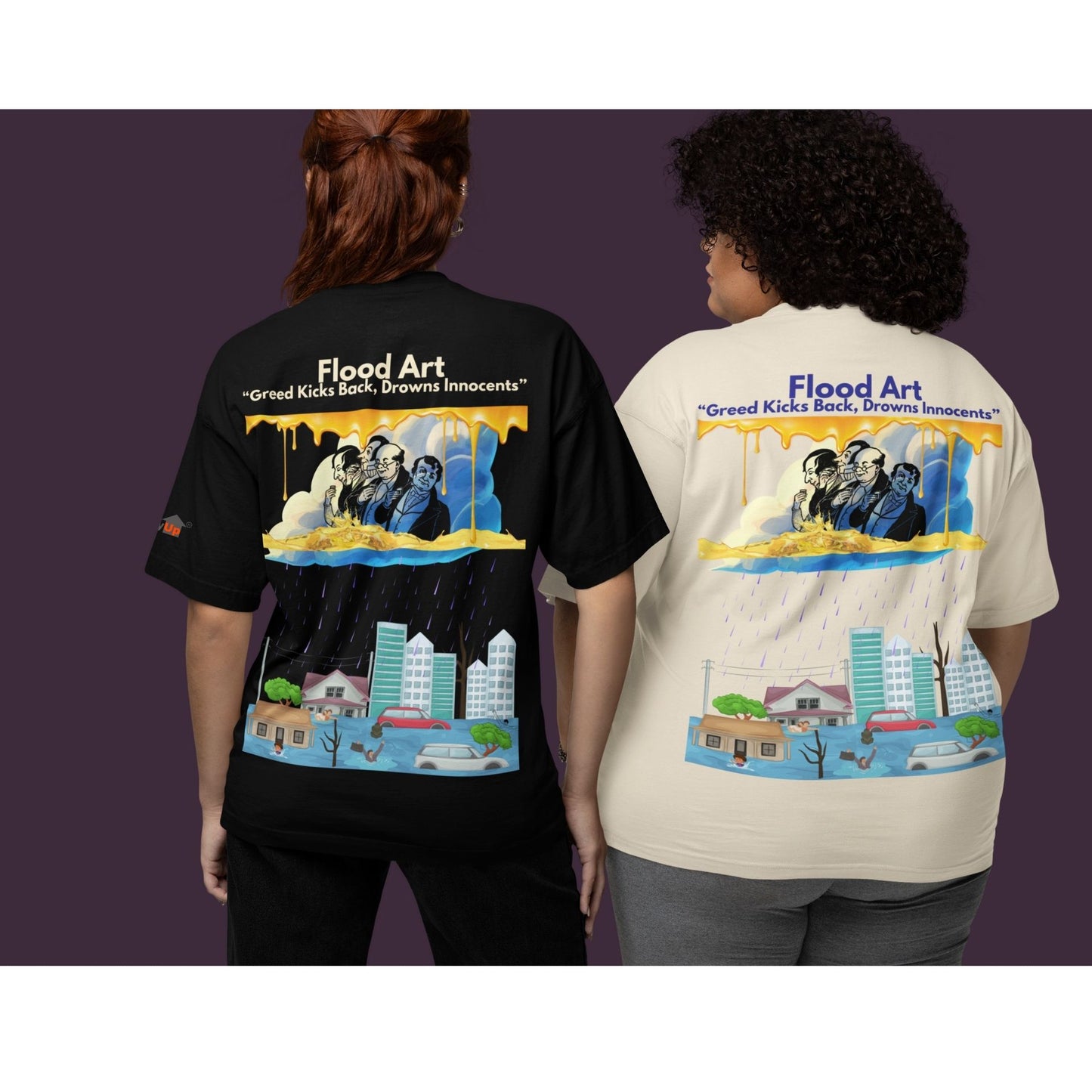 Boxy Fit Unisex Tee  | Flood Art Inspired Design T-shirt | "Greed Kicks Back, Drowns Innocents"