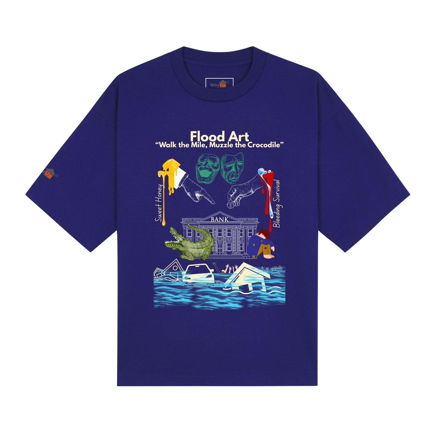 Boxy Fit Unisex Tee | Flood Art Inspired Design T-shirt |"Walk the Mile, Muzzle the Crocodile"
