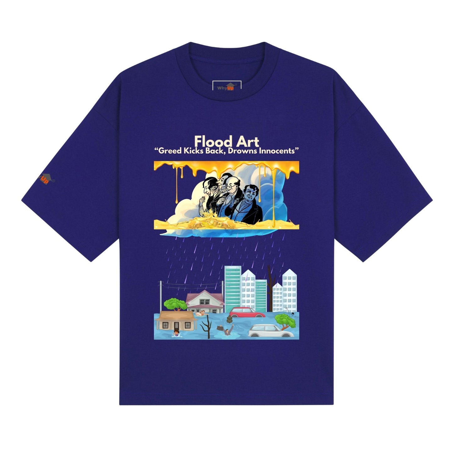 Boxy Fit Unisex Tee  | Flood Art Inspired Design T-shirt | "Greed Kicks Back, Drowns Innocents"