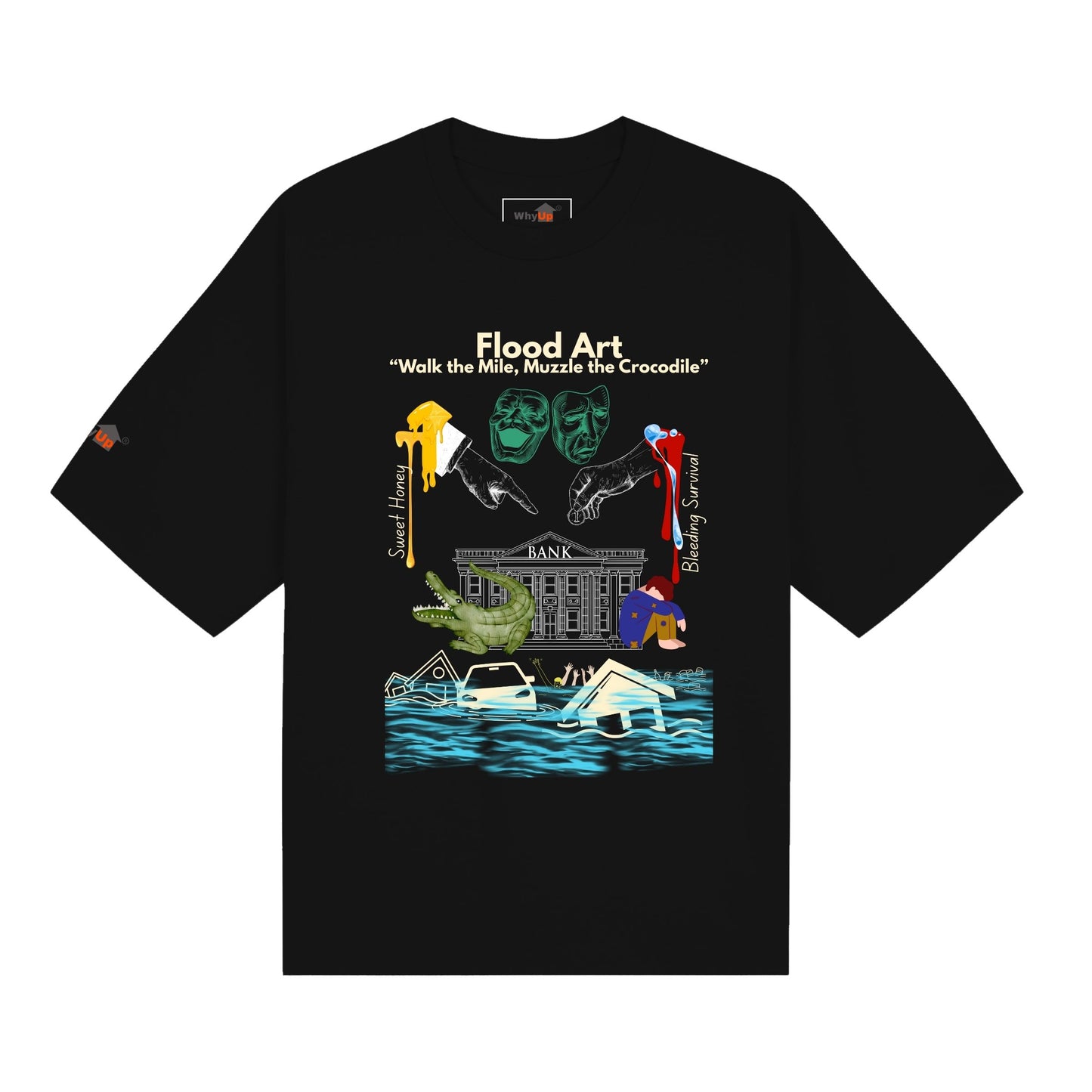 Boxy Fit Unisex Tee | Flood Art Inspired Design T-shirt |"Walk the Mile, Muzzle the Crocodile"