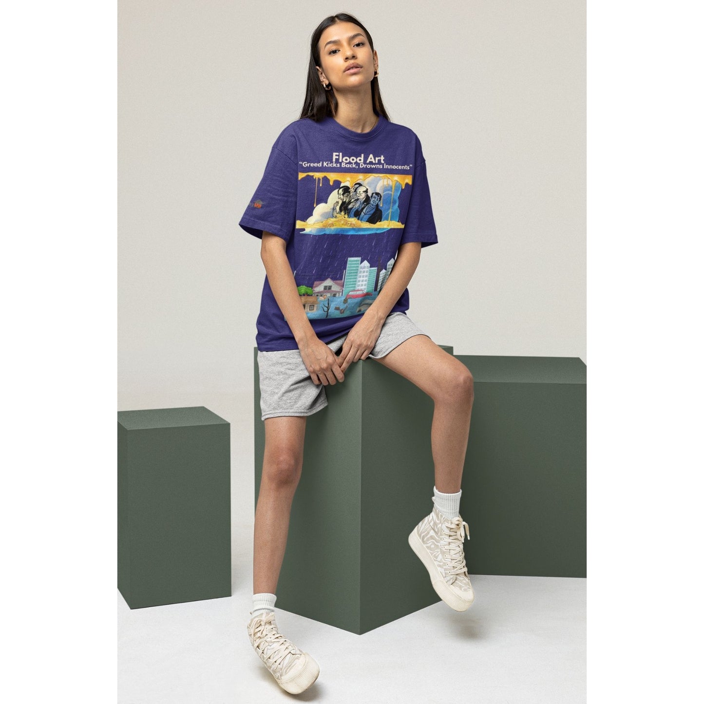 Boxy Fit Unisex Tee  | Flood Art Inspired Design T-shirt | "Greed Kicks Back, Drowns Innocents"