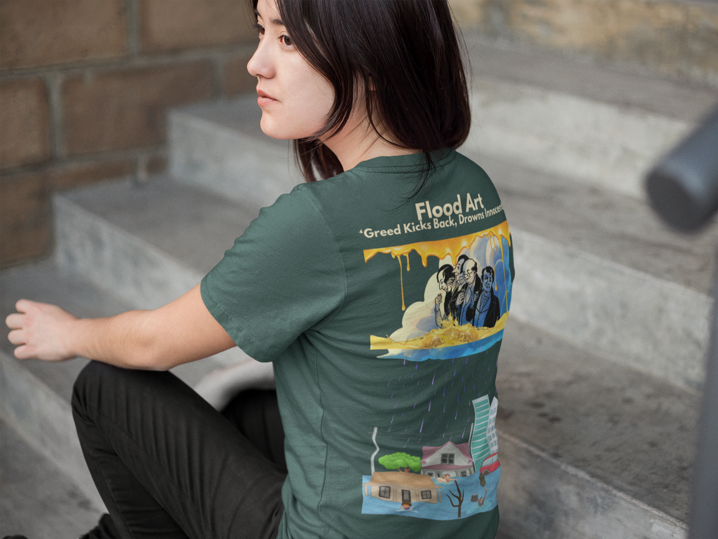 Standard Fit Unisex Tee | Flood Art Inspired Design T-shirt | "Greed Kicks back, Drowns Innocents"