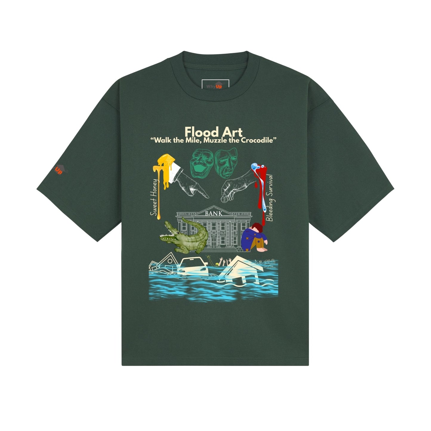 Boxy Fit Unisex Tee | Flood Art Inspired Design T-shirt |"Walk the Mile, Muzzle the Crocodile"