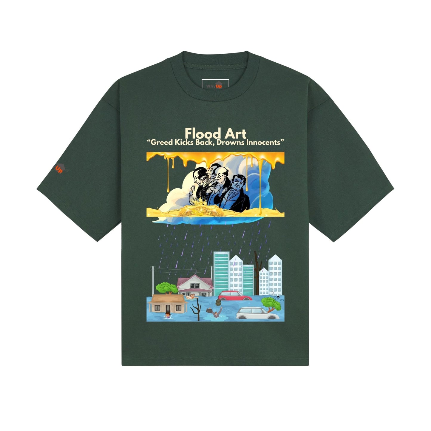 Boxy Fit Unisex Tee  | Flood Art Inspired Design T-shirt | "Greed Kicks Back, Drowns Innocents"