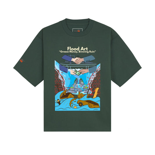 Boxy Fit Unisex Tee  | Flood Art Inspired Design T-shirt| "Grease Money, Brewing Ruin"