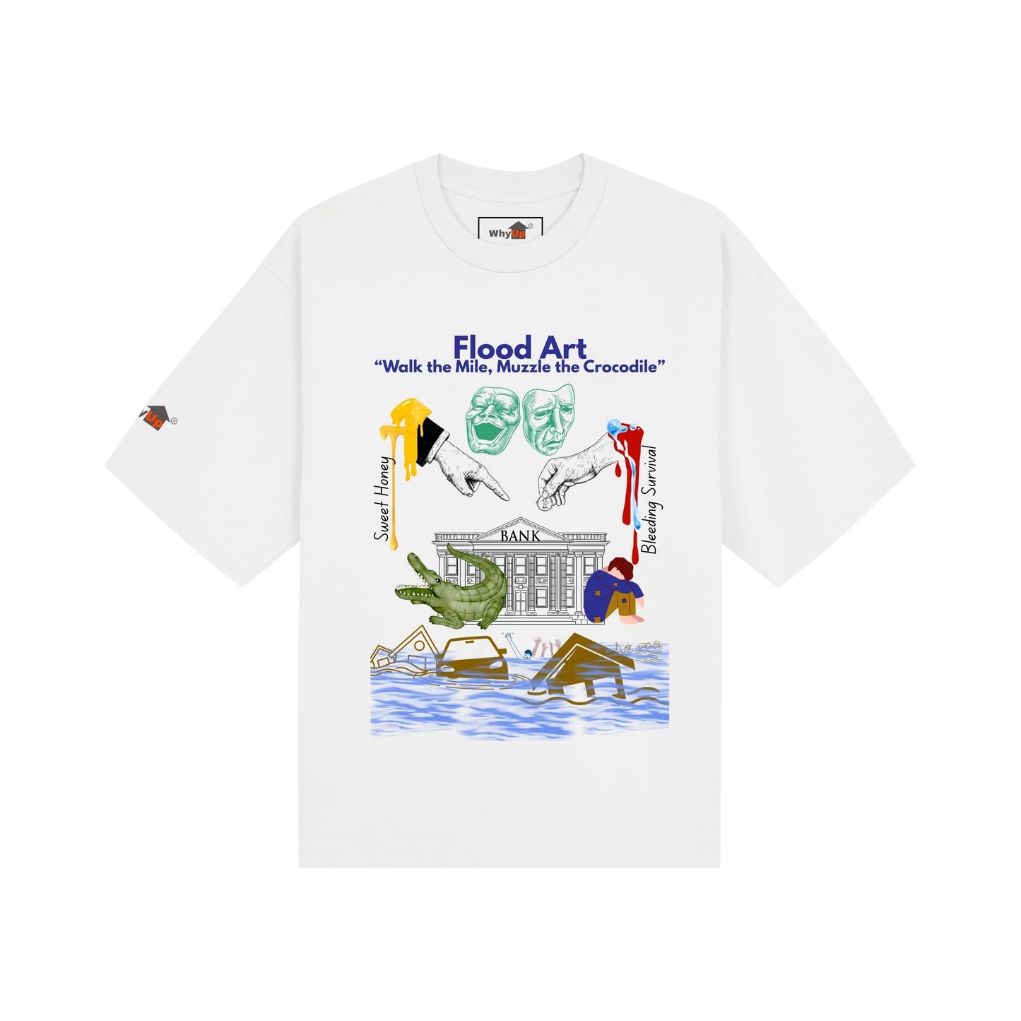 Boxy Fit Unisex Tee | Flood Art Inspired Design T-shirt |"Walk the Mile, Muzzle the Crocodile"