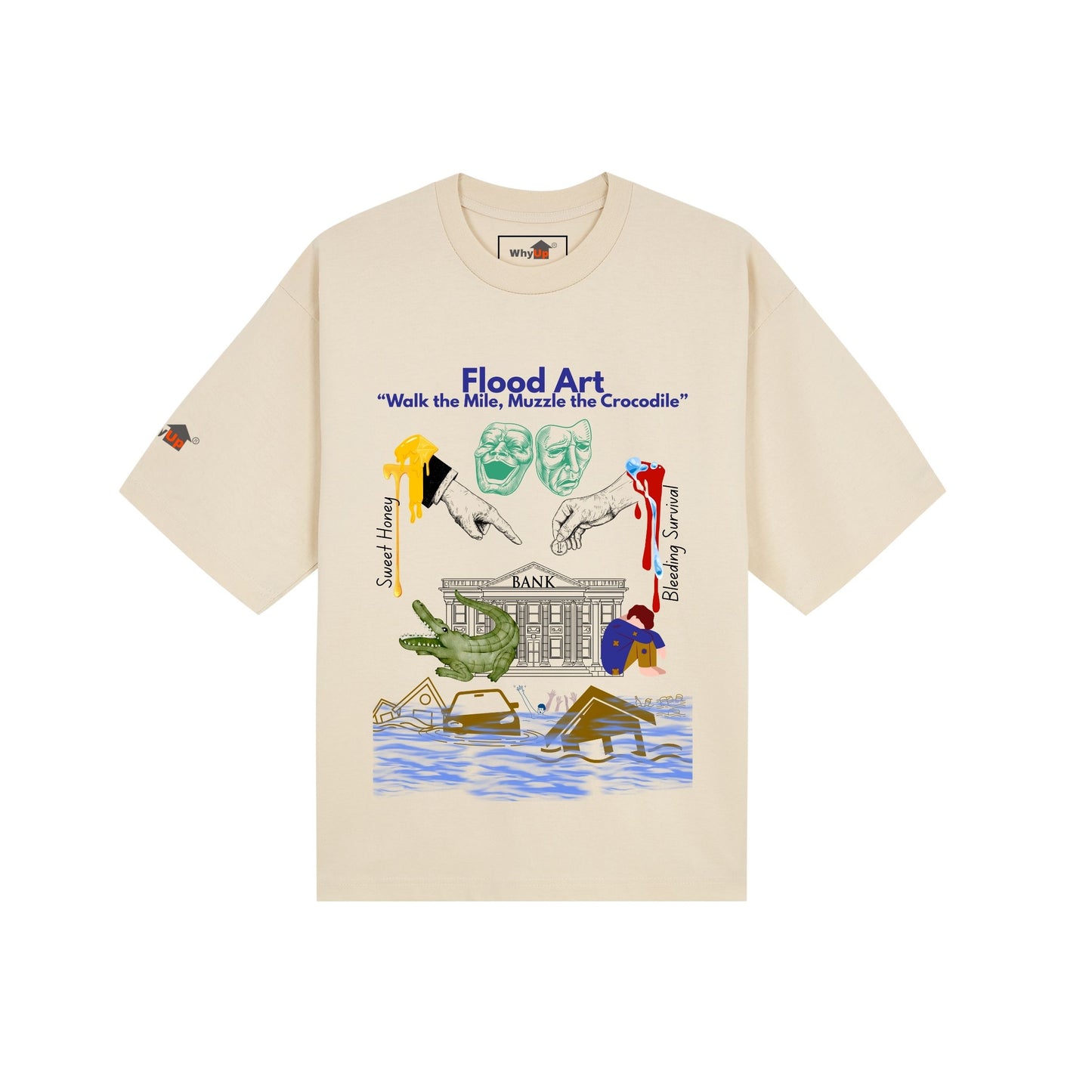 Boxy Fit Unisex Tee | Flood Art Inspired Design T-shirt |"Walk the Mile, Muzzle the Crocodile"