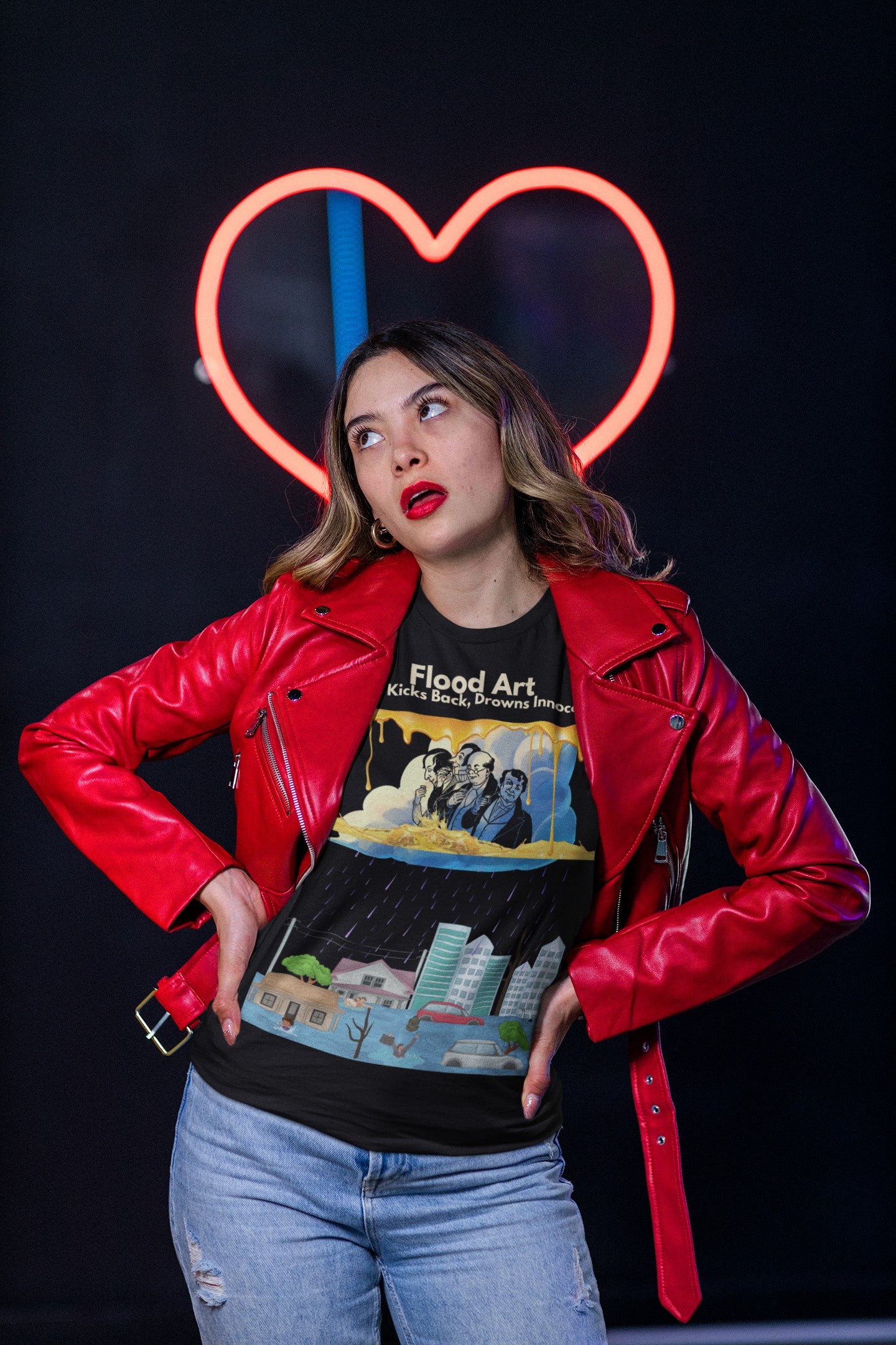 Standard Fit Unisex Tee | Flood Art Inspired Design T-shirt | "Greed Kicks back, Drowns Innocents"