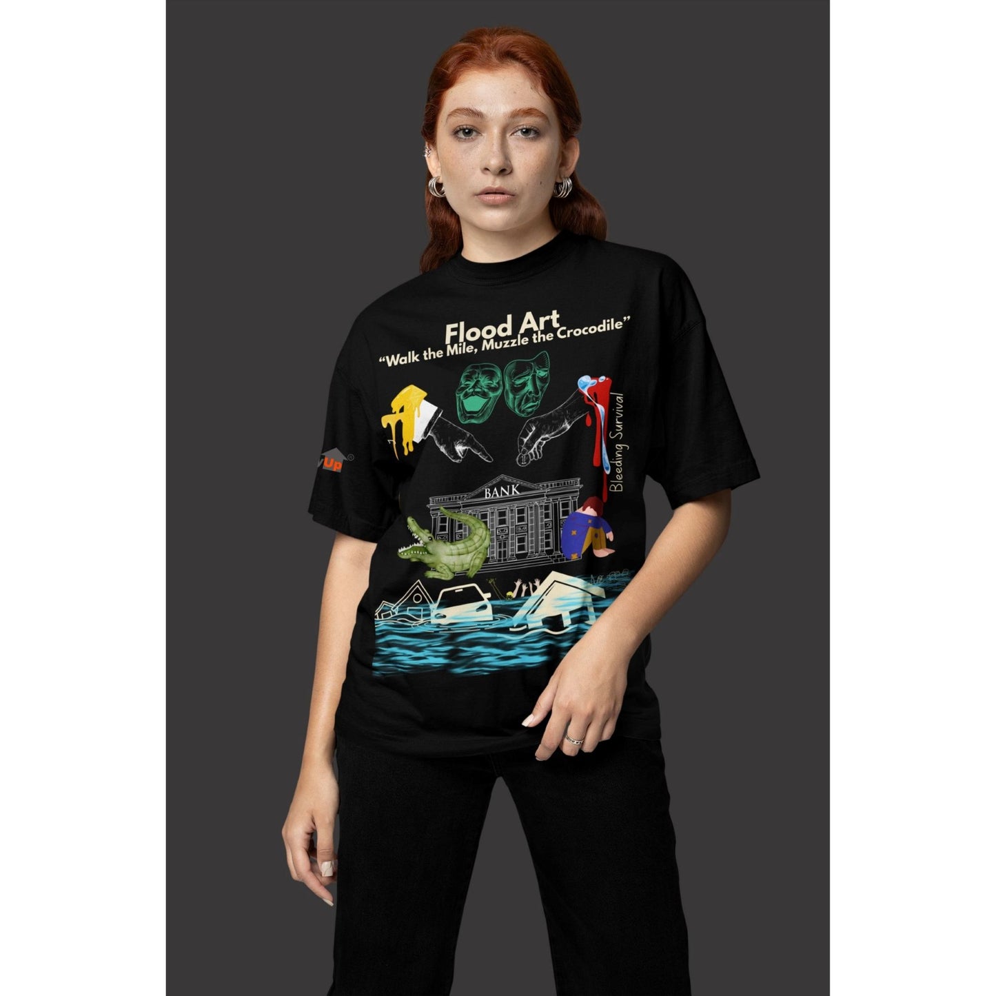 Boxy Fit Unisex Tee | Flood Art Inspired Design T-shirt |"Walk the Mile, Muzzle the Crocodile"