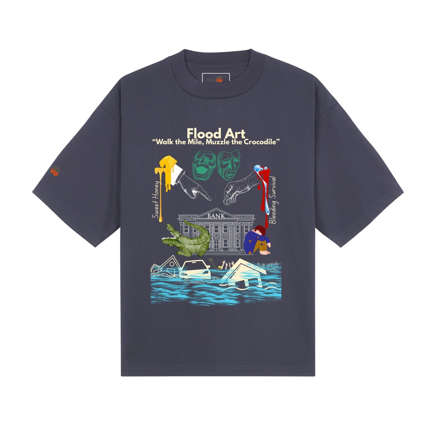 Boxy Fit Unisex Tee | Flood Art Inspired Design T-shirt |"Walk the Mile, Muzzle the Crocodile"