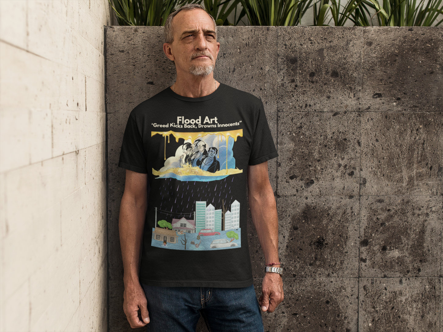Standard Fit Unisex Tee | Flood Art Inspired Design T-shirt | "Greed Kicks back, Drowns Innocents"