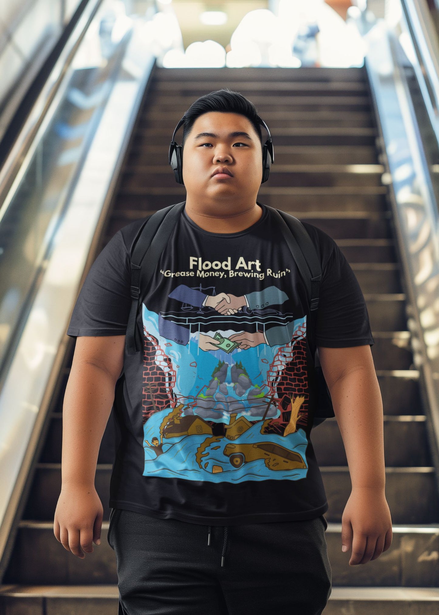 Standard Fit Unisex Tee | Flood Art Inspired Design T-shirt | "Grease Money, Brewing Ruin"